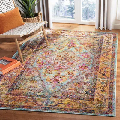 Safavieh Crystal Machine Made Area Rug, Light Blue / Orange Traditional Style Easy Care In Multi