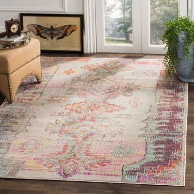 Safavieh Crystal Machine Made Area Rug, Light Grey / Purple Bohemian Style Easy Care In Pink