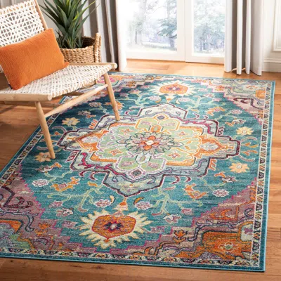 Safavieh Crystal Machine Made Area Rug, Teal / Rose Bohemian Style Easy Care In Multi