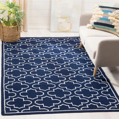 Safavieh Dhurries Hand Made Area Rug, Navy / Ivory Contemporary Style Non Shedding In Blue