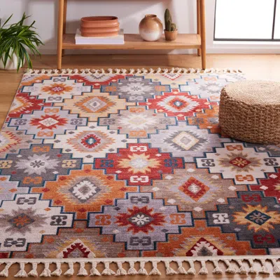 Safavieh Farmhouse Machine Made Area Rug, Grey / Red Bohemian Style Easy Care In Multi