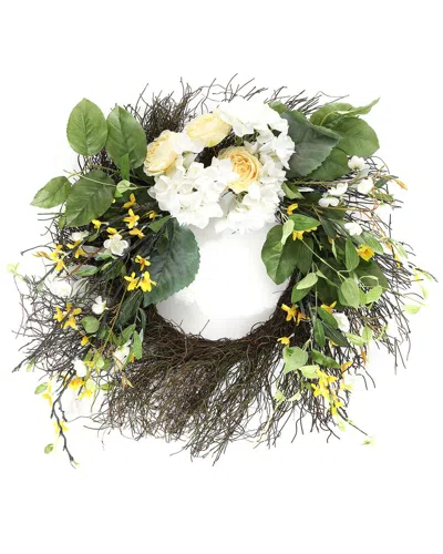 Safavieh Faux 26in Hydrangea & Spring Blossom Wreath In Yellow