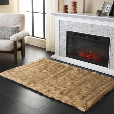 Safavieh Faux Sheep Skin Machine Made Area Rug, Light Grey / Black Shag / Flokati Style Easy Care In Brown