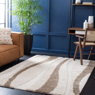 Safavieh Florida Shag Machine Made Area Rug, Cream / Dark Brown Shag Flokati Style Easy Care In Multi