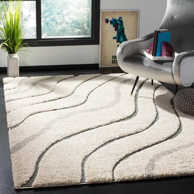 Safavieh Florida Shag Machine Made Area Rug, Cream / Light Blue Modern Style Easy Care In Neutral