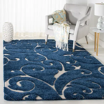 Safavieh Florida Shag Machine Made Area Rug, Dark Blue / Cream Shag & Flokati Style Easy Care