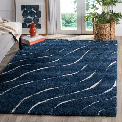 Safavieh Florida Shag Machine Made Area Rug, Dark Blue / Cream Shag & Flokati Style Easy Care