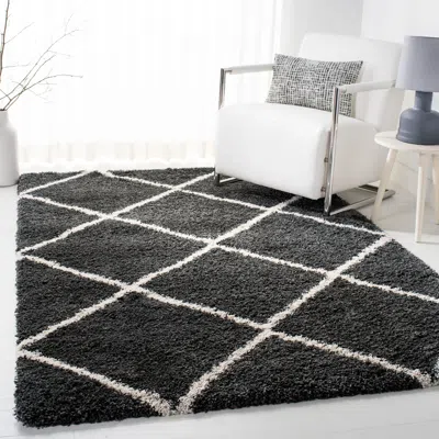 Safavieh Hudson Shag Machine Made Area Rug, Dark Grey / Ivory Shag Flokati Style Easy Care In Black