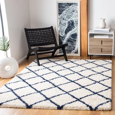 Safavieh Hudson Shag Machine Made Area Rug, Ivory / Navy Shag Flokati Style Easy Care In White