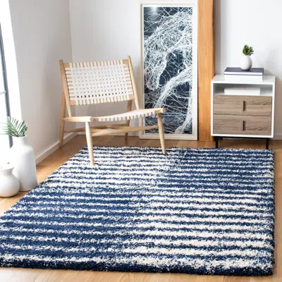 Safavieh Hudson Shag Machine Made Area Rug, Navy / Ivory Shag Flokati Style Easy Care In Blue