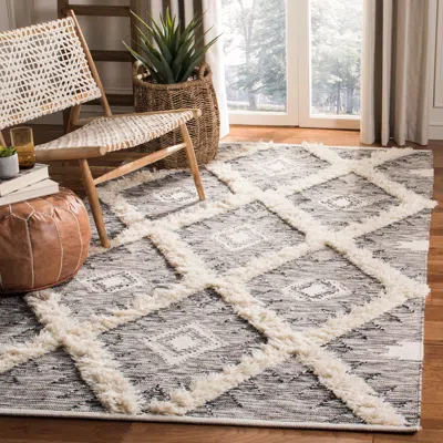 Safavieh Kenya Hand Made Area Rug, Black / Ivory Shag / Flokati Style Non-shedding In Gray