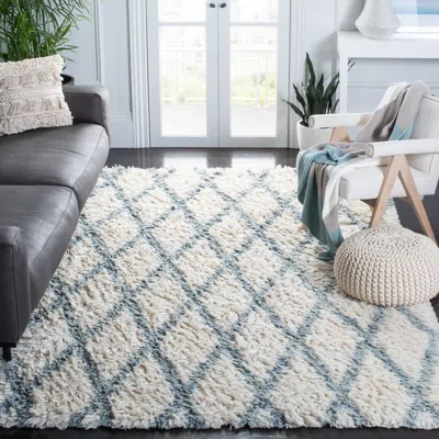 Safavieh Kenya Hand Made Area Rug, Ivory / Blue Shag / Flokati Style Non-shedding In White