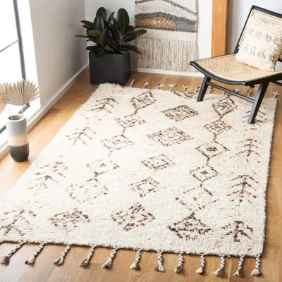 Safavieh Kenya Hand Made Area Rug, Ivory / Brown Shag / Flokati Style Non-shedding In White