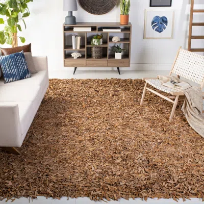 Safavieh Leather Shag Hand Made Area Rug, Light Gold Shag / Flokati Style Non-shedding In Brown