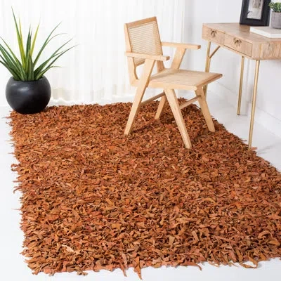 Safavieh Leather Shag Handwoven Rag Leather/cotton Solid Color Rug In Orange