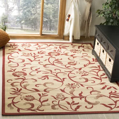 Safavieh Martha Stewart Indoor Outdoor Machine Made Area Rug, Creme / Red Country Floral Style Easy Care In Pink