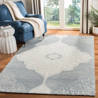 Safavieh Micro-loop Hand Made Area Rug, Blue / Ivory Traditional Style Non-shedding In Gray