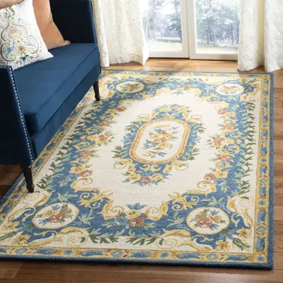SAFAVIEH MICRO-LOOP HAND MADE AREA RUG, CREAM / BLUE TRADITIONAL STYLE NON-SHEDDING
