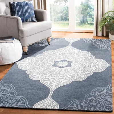 SAFAVIEH MICRO-LOOP HAND MADE AREA RUG, GREY / NAVY TRADITIONAL STYLE NON-SHEDDING