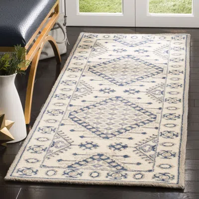 Safavieh Micro-loop Hand Made Area Rug, Ivory / Blue Traditional Style Non-shedding In Gray