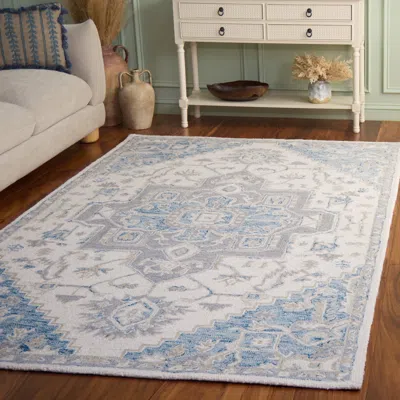 Safavieh Micro-loop Hand Made Area Rug, Ivory / Navy Traditional Style Non-shedding In Blue