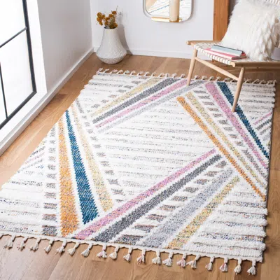 Safavieh Moroccan Fringe Shag Machine Made Area Rug, Ivory / Grey Bohemian Style Easy Care In Multi