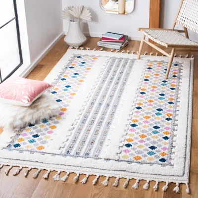 SAFAVIEH MOROCCAN FRINGE SHAG MACHINE MADE AREA RUG, IVORY / GREY BOHEMIAN STYLE EASY CARE
