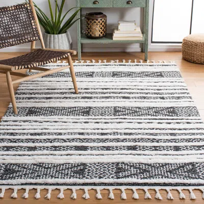 SAFAVIEH MOROCCAN TASSEL SHAG AREA RUG, BLACK / IVORY BOHEMIAN STYLE NON-SHEDDING