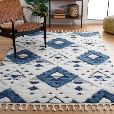 Safavieh Moroccan Tassel Shag Area Rug, Blue & Ivory Bohemian Style Non-shedding