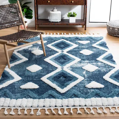 SAFAVIEH MOROCCAN TASSEL SHAG AREA RUG, BLUE / IVORY BOHEMIAN STYLE NON-SHEDDING