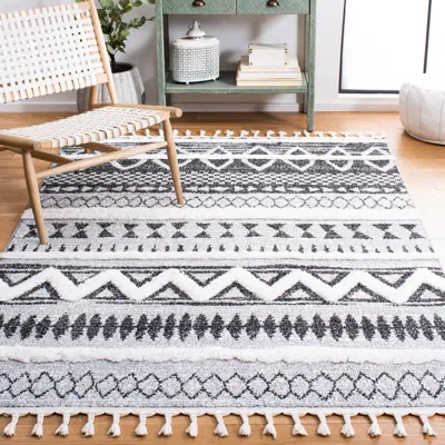 SAFAVIEH MOROCCAN TASSEL SHAG AREA RUG, GREY / BLACK BOHEMIAN STYLE NON-SHEDDING