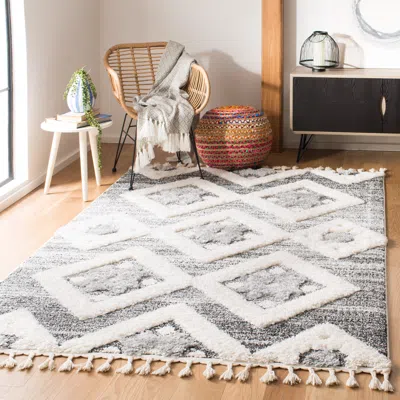 Safavieh Moroccan Tassel Shag Area Rug, Grey / Ivory Bohemian Style Non-shedding In Gray