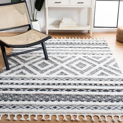 SAFAVIEH MOROCCAN TASSEL SHAG AREA RUG, GREY / IVORY BOHEMIAN STYLE NON-SHEDDING