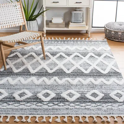 SAFAVIEH MOROCCAN TASSEL SHAG AREA RUG, GREY / IVORY BOHEMIAN STYLE NON-SHEDDING