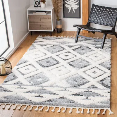 SAFAVIEH MOROCCAN TASSEL SHAG AREA RUG, GREY / IVORY BOHEMIAN STYLE NON-SHEDDING