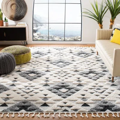 SAFAVIEH MOROCCAN TASSEL SHAG AREA RUG, IVORY & GREY BOHEMIAN STYLE NON-SHEDDING