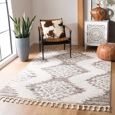 Safavieh Moroccan Tassel Shag Area Rug, Ivory / Brown Bohemian Style Non-shedding In White