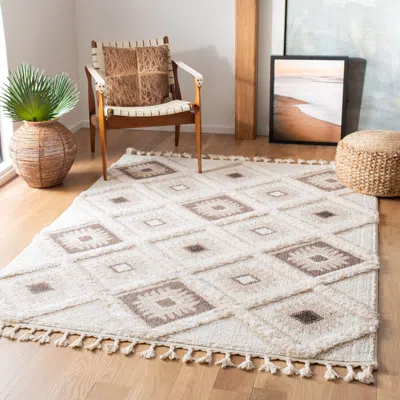SAFAVIEH MOROCCAN TASSEL SHAG AREA RUG, IVORY / BROWN SOUTHWESTERN STYLE NON-SHEDDING