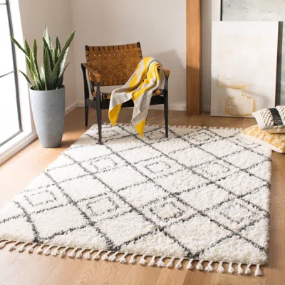 Safavieh Moroccan Tassel Shag Area Rug, Ivory / Dark Grey Bohemian Style Non-shedding In White
