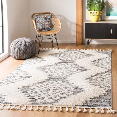 Safavieh Moroccan Tassel Shag Area Rug, Ivory / Grey Bohemian Style Non-shedding