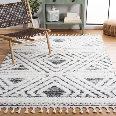Safavieh Moroccan Tassel Shag Area Rug, Ivory / Grey Bohemian Style Non-shedding In White