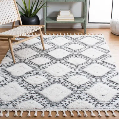 SAFAVIEH MOROCCAN TASSEL SHAG AREA RUG, IVORY / GREY BOHEMIAN STYLE NON-SHEDDING