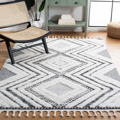 SAFAVIEH MOROCCAN TASSEL SHAG AREA RUG, IVORY / GREY BOHEMIAN STYLE NON-SHEDDING