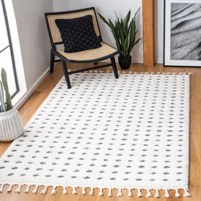 Safavieh Moroccan Tassel Shag Area Rug, Ivory / Grey Bohemian Style Non-shedding In White