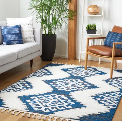 Safavieh Moroccan Tassel Shag Area Rug, Navy / Ivory Bohemian Style Non-shedding In Multi