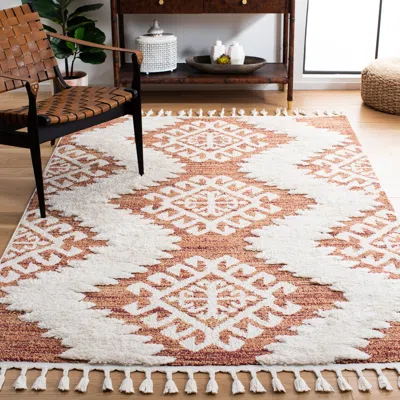 Safavieh Moroccan Tassel Shag Area Rug, Orange / Ivory Bohemian Style Non-shedding In Brown