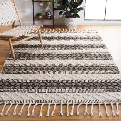 SAFAVIEH NATURA HAND MADE AREA RUG, IVORY / BLACK BOHEMIAN STYLE NON-SHEDDING