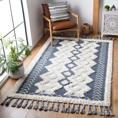 SAFAVIEH NATURA HAND MADE AREA RUG, IVORY / BLUE BOHEMIAN STYLE NON-SHEDDING