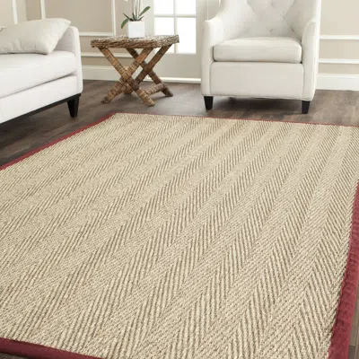 Safavieh Natural Fiber Machine Made Area Rug, Natural / Burgundy Red Solid / Tonal Style Easy Care In Brown
