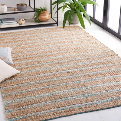 Safavieh Natural Fiber Machine Made Area Rug, Teal / Natural Bohemian Style Easy Care In Neutral